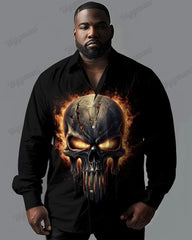 Plus Size Men's Casual Skull on Fire Print Lapel Long Sleeve Shirt