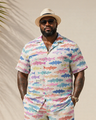 Big & Tall Men's Colorful Small Fish Print Short Sleeve Shirt Shorts Set
