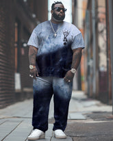 Big Men's Street Casual Tie Dye Contrast K Letter Print T-Shirt Trousers Set