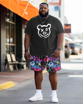 Men's Plus Size Street Cartoon Bear Summer Graffiti Short Sleeve Shorts Suit