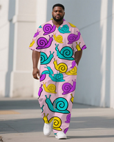Men's Big Size Casual Cartoon World Snails Printed Streetwear Short-Sleeve Shirt Pants Sets