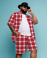 Men's Business Casual Red & White Plaid Printed Big Size Short Sleeve Shirt and Shorts Set