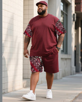 Men's Plus Size Bordeaux Red Creative Striped Print T-shirt Shorts Suit