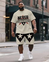 Big Men's Casual Trendy NEVER SURRENDER Stars Printed Short Sleeve T-Shirt Shorts 2-piece Suit