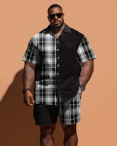 Men's Large Size Simple Solid Color Patchwork Plaid Short Sleeve Shirt And Shorts Set