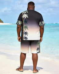 Big & Tall Men's Black Coconut Tree Gradient Print Crewneck Short Sleeve T-Shirt Shorts Set