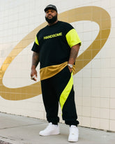 Big Boy's Daily Casual Laminated Black Spelling Fluorescent Green Plus Gold Laminated Round Neck Short Sleeve T-Shirt Striped Trousers