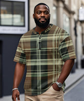 Men's Plus Size Casual Daily Green Plaid Print Henry Collar Button Short Sleeve T-Shirt