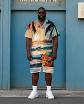 Big Men's Romantic Hawaiian Seaside Scenery Printed Cuban Collar Short Sleeve Shirt Shorts Set