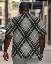 Men's Plus Size Daily Casual Grey Diamond Plaid Print Henley Collar Button Short Sleeve T-Shirt