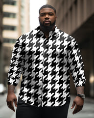 Big Men's Ethnic Houndstooth Print Lapel Long Sleeve Shirt