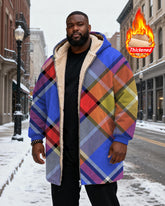 Big & Tall Men's Classic Geometric Blue Plaid Printed Velvet Thickened Long Hooded Coat