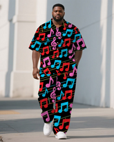 Men's Big Size Casual Cartoon World Musical Note Printed Short-Sleeve Shirt Pants Sets