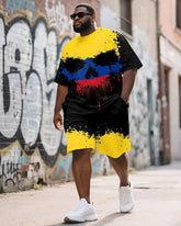 Men's Plus Size Street Graffiti Yellow Colorblock Skull Print Round Neck Short Sleeve T-Shirt Shorts Suit