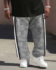 Men's Casual Large Plaid Colorblock Printed T-Shirt Pants Set