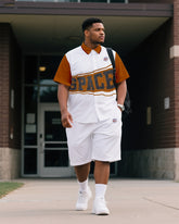 Big & Tall Men's Daily Leisure. Original Design Academy Style Stitching Collision Color-space. Printed Short Sleeve Shirt Shorts Suit