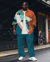 Men's Plus Size Blue Color Block Abstract Cartoon Print Long Sleeve Shirt Trousers Suit