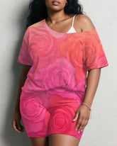 Women's Plus Size Daily Casual Retro Pink Gradient Rose Print Short Sleeve Shorts Suit