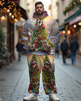 Men's Christmas Raccoon Christmas Tree Print Plus Size Hoodie Suit