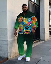 Big Guy's Casual Cartoon Bear Graffiti Gradient Effect Lapel Long Sleeve Shirt Pants Set