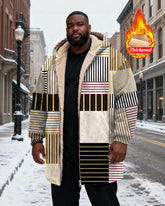 Big & Tall Men's Vintage Geometric Yellow Printed Velvet Thickened Long Hooded Coat