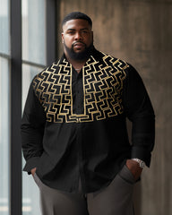 Men's Classic Casual Plus Size Brown Square Long Sleeve Lapel Shirt