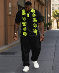 Fluorescent Green Polo Shirt Trousers Suit Men's Plus Size