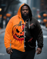Big & Tall Men's Halloween Pumpkin Goggy Stitching Print Zipper Cardigan Hoodie