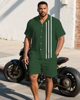 Men's Plus Size Green & White Colorblock Striped Short Sleeve Shirt Shorts Suit