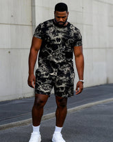 Big & Tall Men Black Animal Forest Full Size Printed Loose Round Neck Short Sleeve T-Shirt Shorts Suit