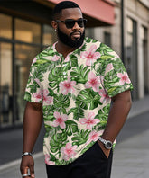 Men's Plus Size Hawaiian Green Floral Print Henry Collar Button Short Sleeve Tee
