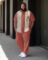 Men's Plus Size Casual Color Matching Sports Business Bowling Short-Sleeved Shirt And Pants Suit