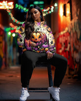 Colorful Halloween Pumpkin Print Hoodie Plus Size Set