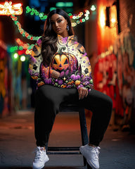Colorful Halloween Pumpkin Print Hoodie Plus Size Set