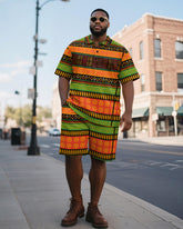 Big & Tall Men's Business Green Orange Colorblock Geometric Print Short Sleeve Polo Shirt Shorts Suit