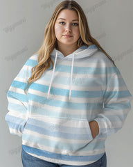 Women's Plus Casual Blue Striped Print Long-sleeved Hoodie