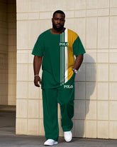 Men's Plus Size Casual Green & Yellow Color-block Small Label Printed Short-sleeved T-shirt Trousers Suit