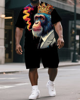 Men's Artistic Gorillas with Crown Print Summer Big & Tall Short-Sleeve T-shirt & Short Set