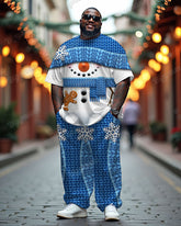 Men's Plus Size Blue Snowman Gingerbread Man Print T-Shirt Trousers Suit