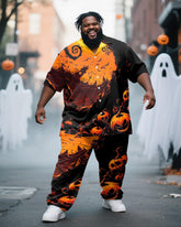 Big & Tall Men's Halloween Orange Horror Pumpkin Graffiti Print Short Sleeve Shirt Trousers Suit