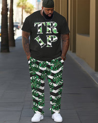 Men's Plus Size Printed Short Sleeve T-shirt and Pants 2 Piece Set