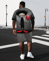 Men's Casual Fun Balloon Boy Illustration Back Print Big & Tall Short-Sleeve T-shirt Shorts Set