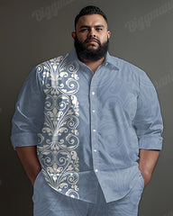 Men's Retro Blue Dark Print Plus Size Long Sleeve Shirt Trousers Suit