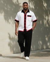 Big & Tall Men's Business Black Red Stripe Print Pocket Short Sleeve Shirt Pants Suit