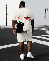 Men's Simple Cat & Bird Illustration Back Print Cool Big & Tall Short-Sleeve T-shirt & Short Set