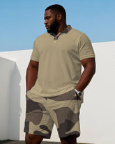 Khaki Irregular Geometric Color Matching Neckline Color Matching Printing Casual Short Sleeve POLO Shorts Suit Men's Plus Size
