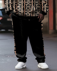 Men's Plus Size Brown Geometric Stripes Hoodie Set of Two