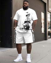 Simple Pen And Ink Sailboat Print T-shirt Shorts Suit Men's Plus Size