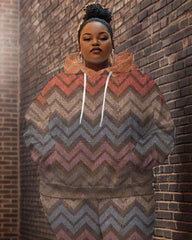 Women's Street Fashion Vintage Geometry Print Plus Size Hoodie Suit