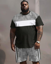 Street Casual Black And White Colorblock Plaid Print Large Men's Set